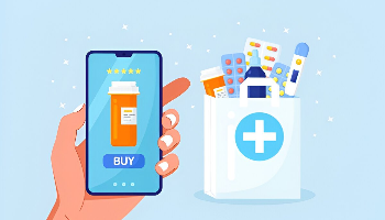 Hand holding smartphone with medicine purchase screen beside a bag of medical supplies, representing the best online medical supply in India
